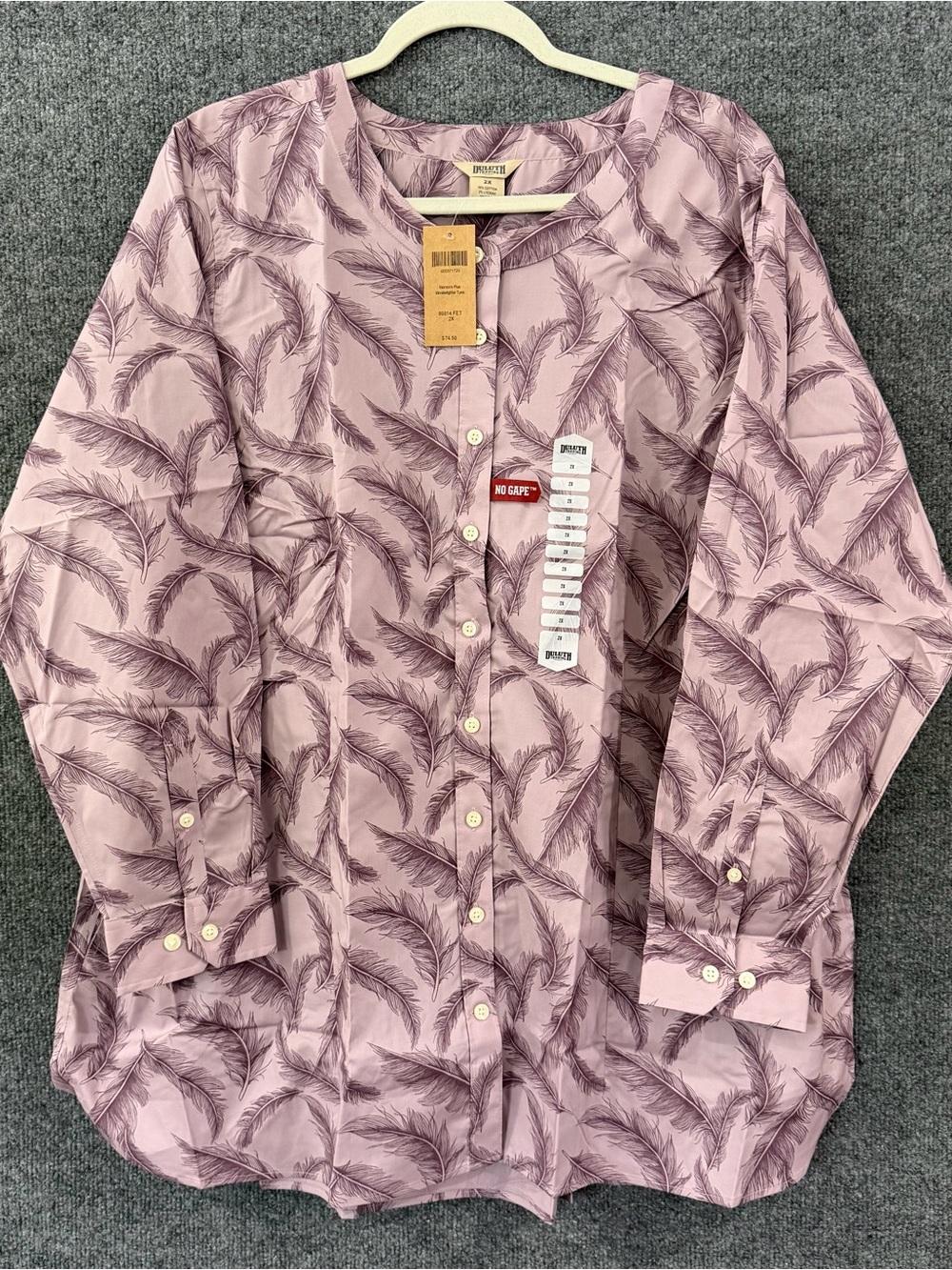 Duluth Womenβs 2X Feather Print Button Up Tunic Top Purple Office Wrinklefighter - Picture 1 of 9